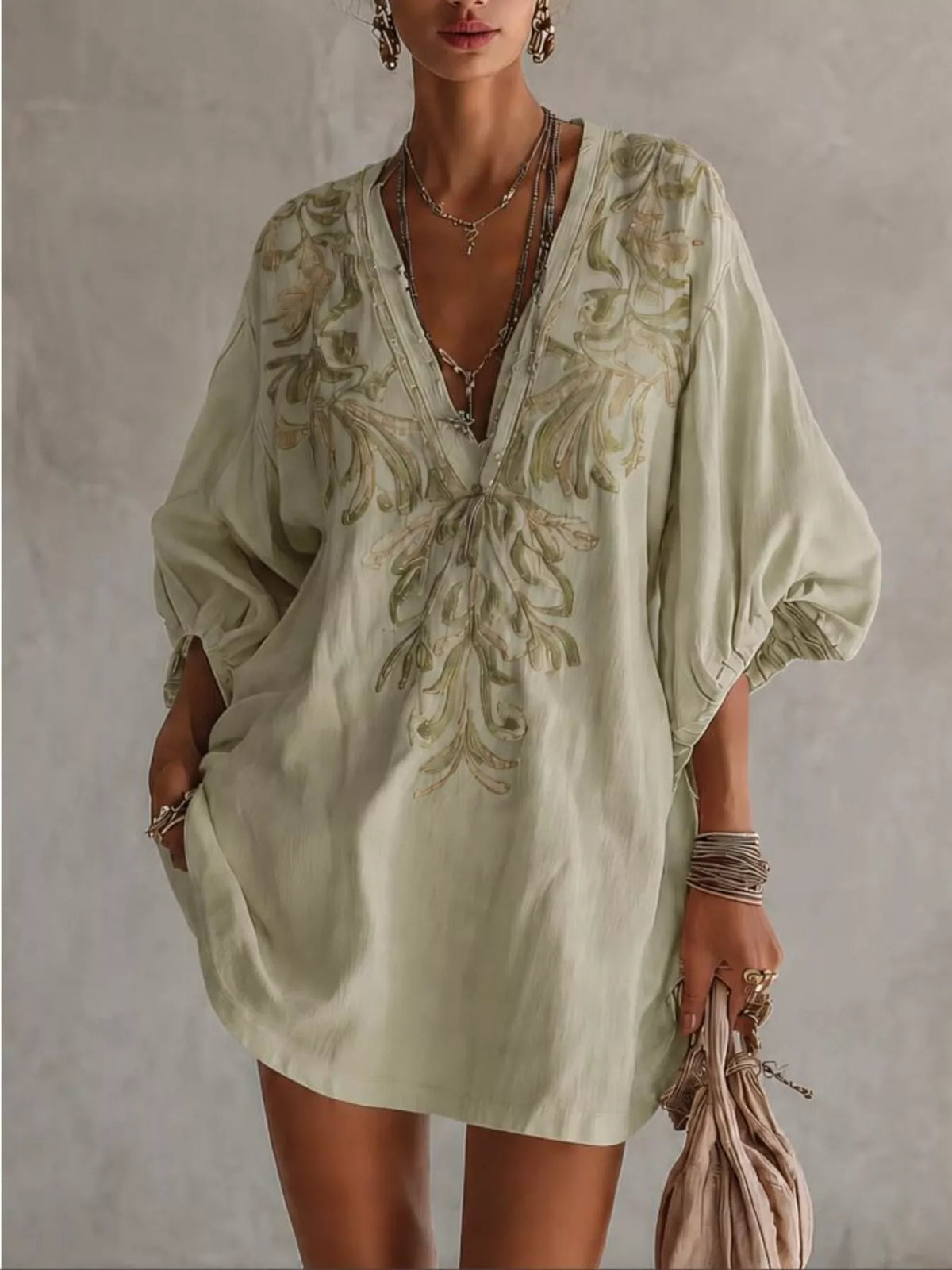 Light green embroidered v-neck mini dress