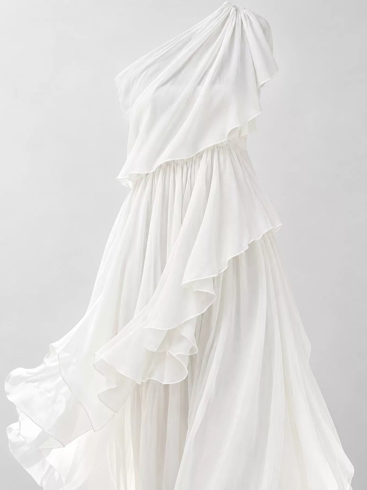 Women's One-Shoulder Ruffled Chiffon Maxi Dress in white — bodice detail view