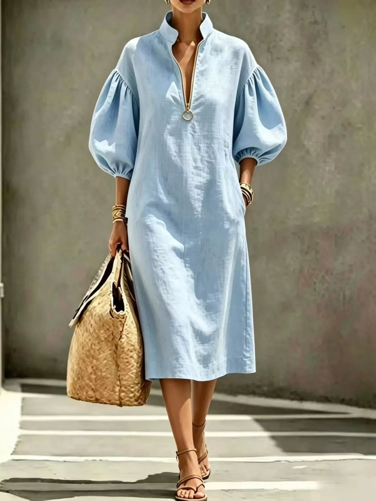 Half-Zip Puff Sleeve Midi Dress in light blue, front view