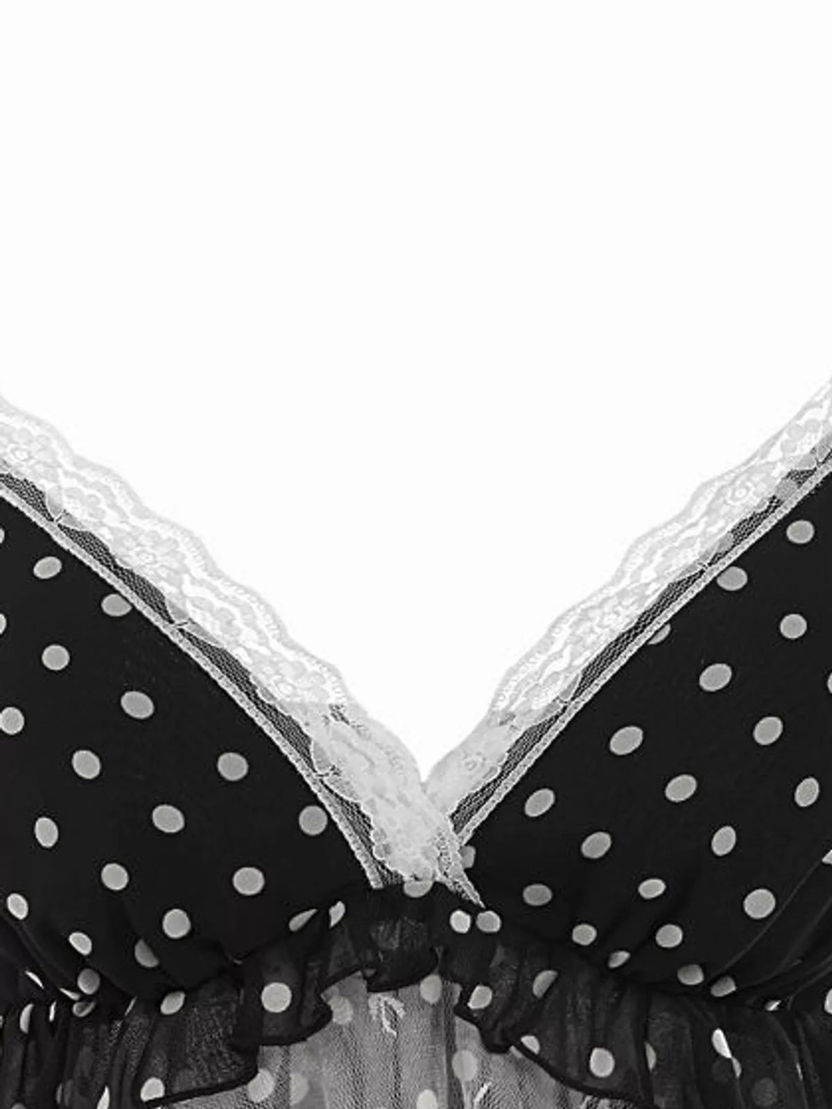 Black and white polka dot ruffled lace trim cami, polka-dot bodice and lace-trimmed V-neck