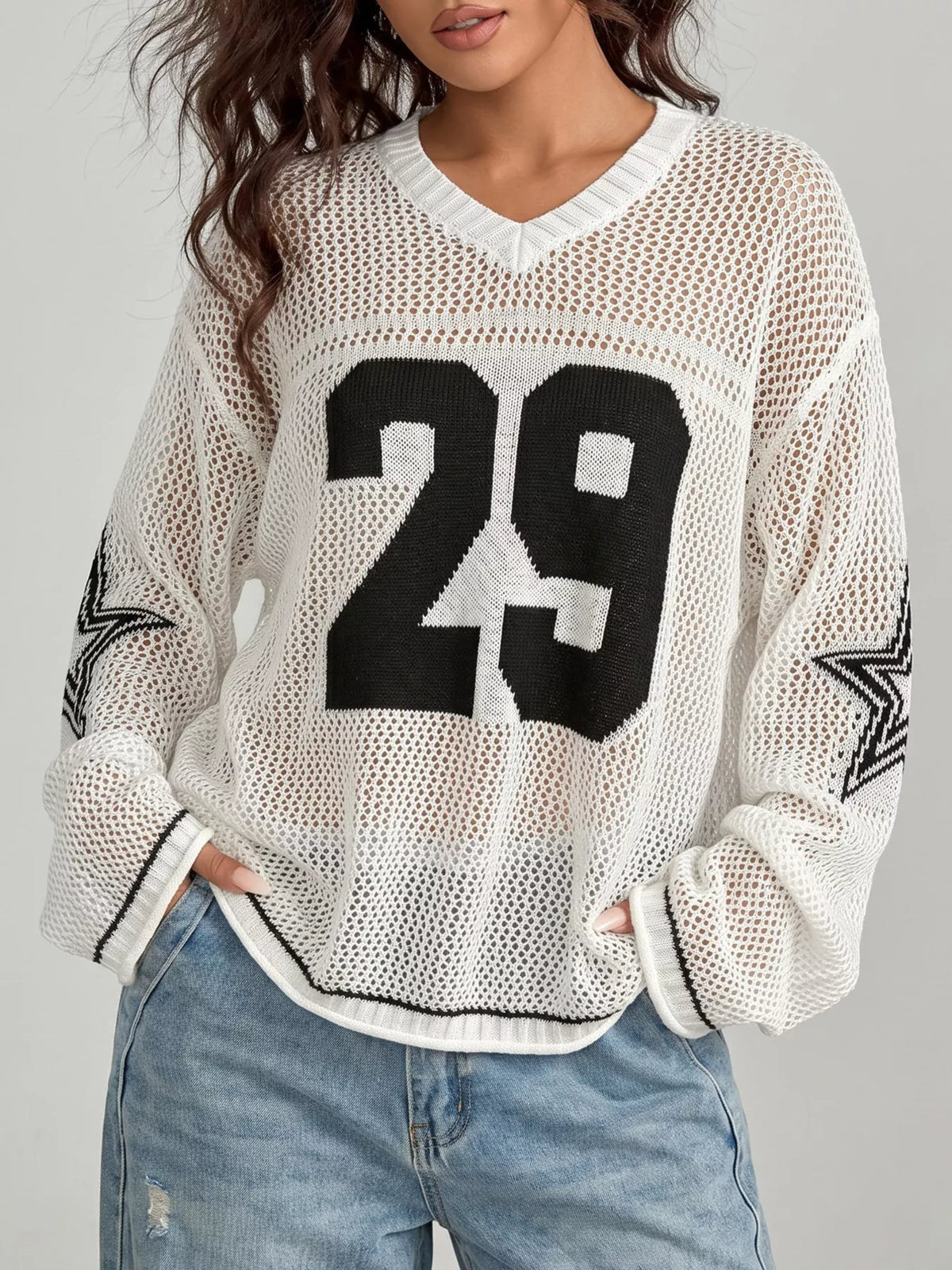 Women's Number 29 Openwork Knit Jersey Sweater in White, back view