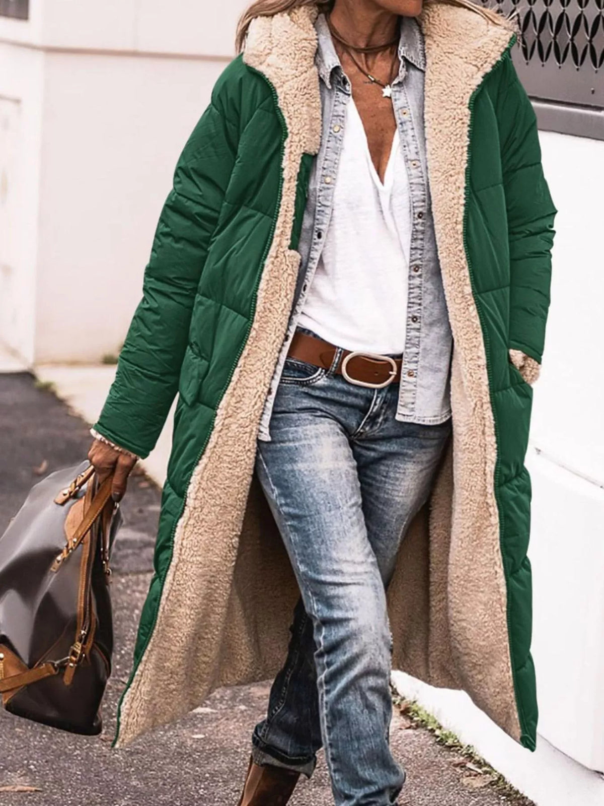 Green longline sherpa-lined hooded puffer coat