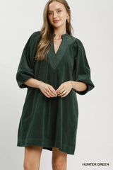 Trendsi Umgee Corduroy V-Neck Puff Sleeve Shift Dress with Pockets -
