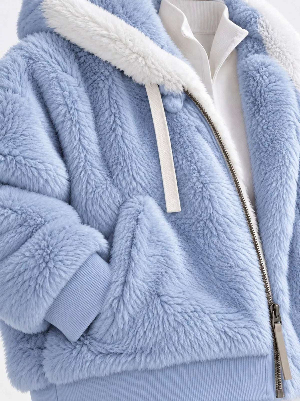 Light blue with white hood trim faux fur zip up hooded jacket, detail view