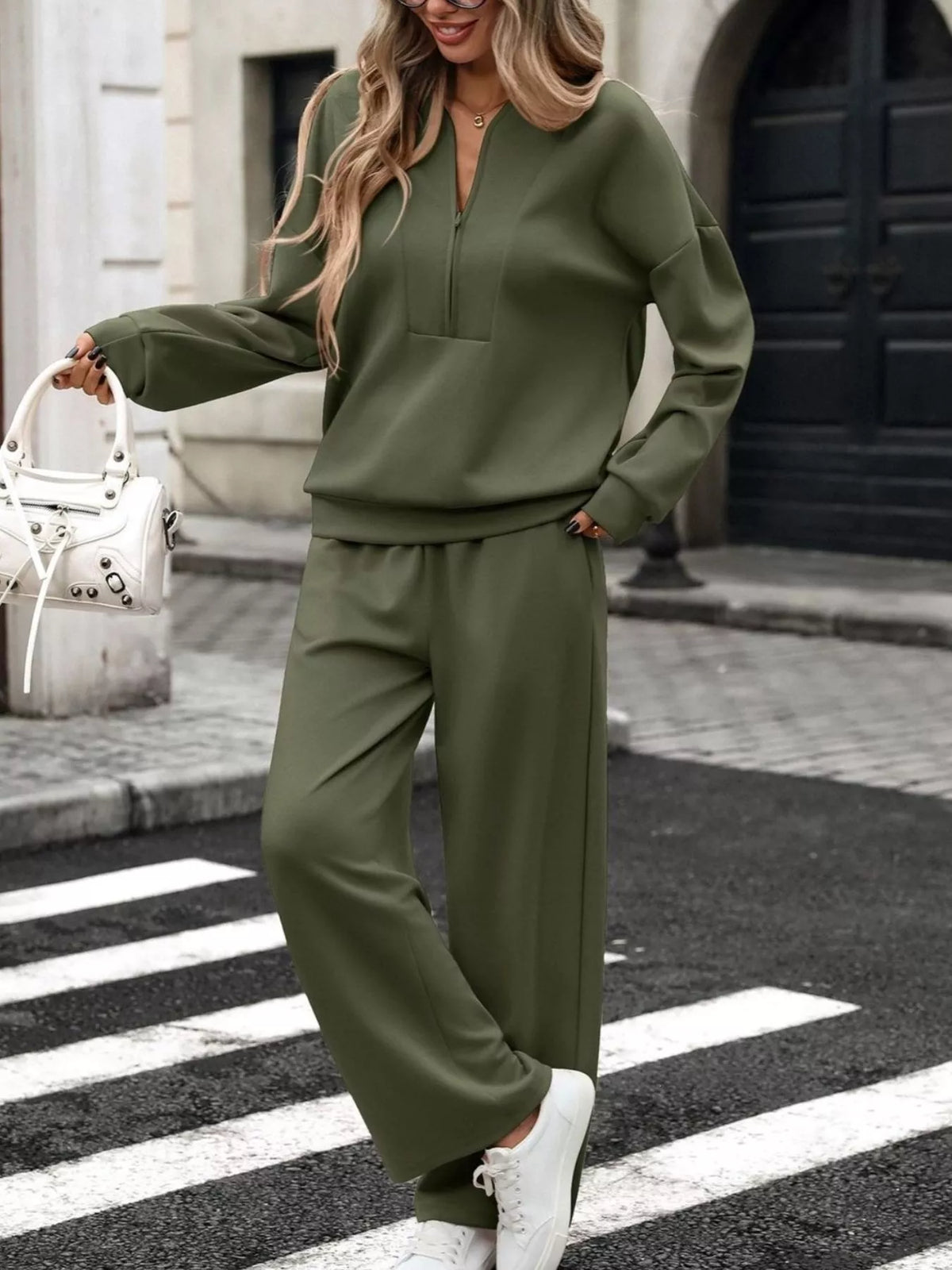 Trendsi Half Zip Sweatshirt and Wide-Leg Pants Set -