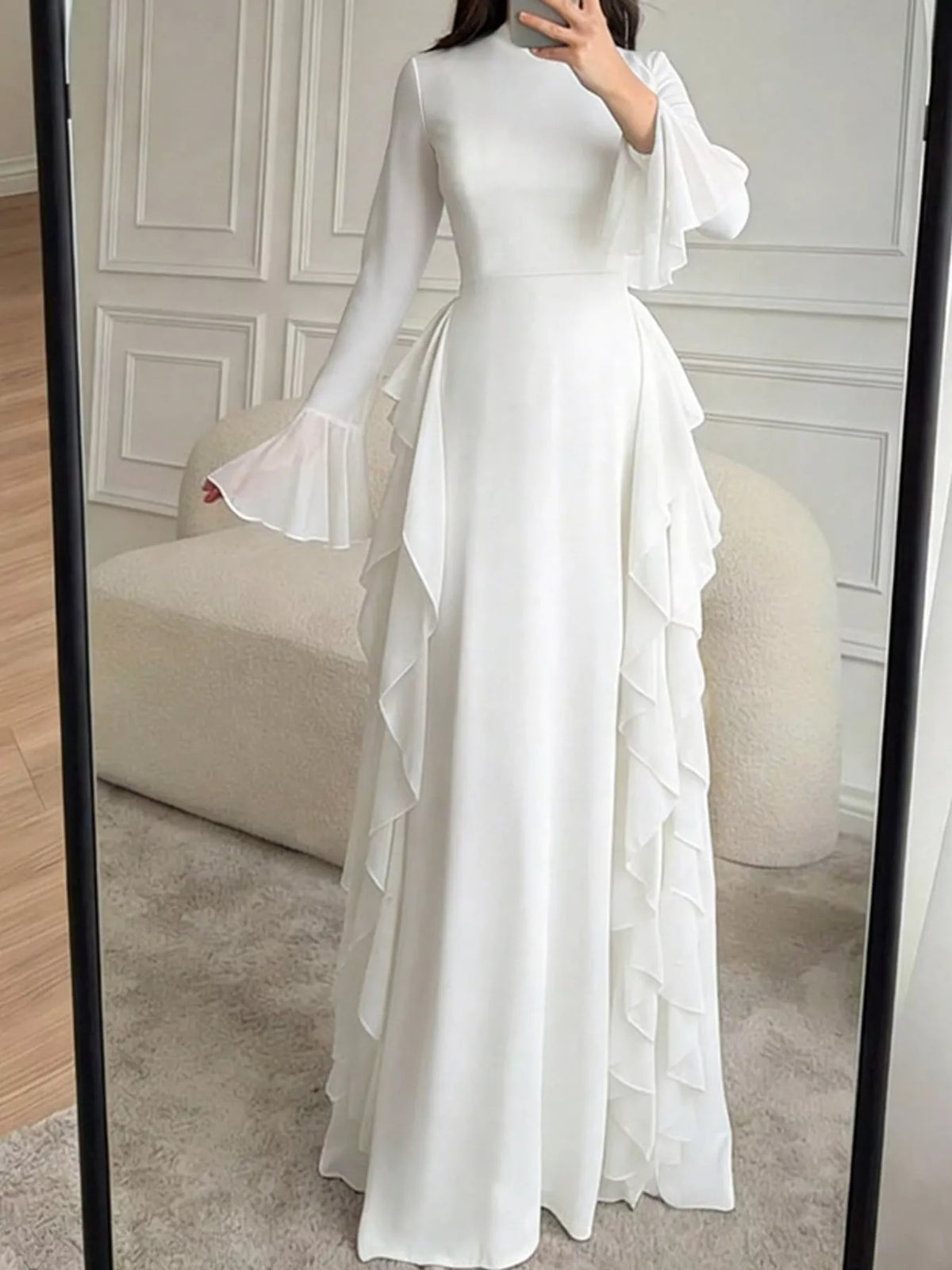 Mock neck long sleeve maxi dress, front view on model