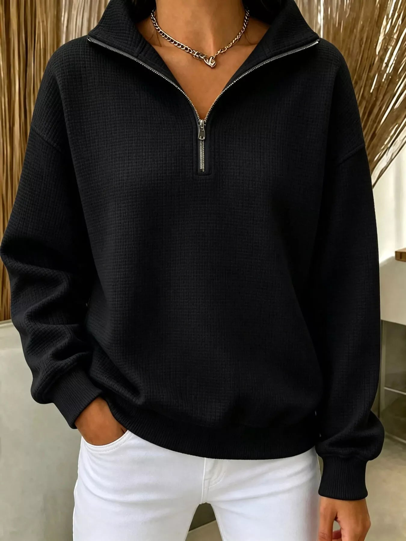 Trendsi Full Size Waffle Knit Quarter-Zip Sweatshirt Plus Size -