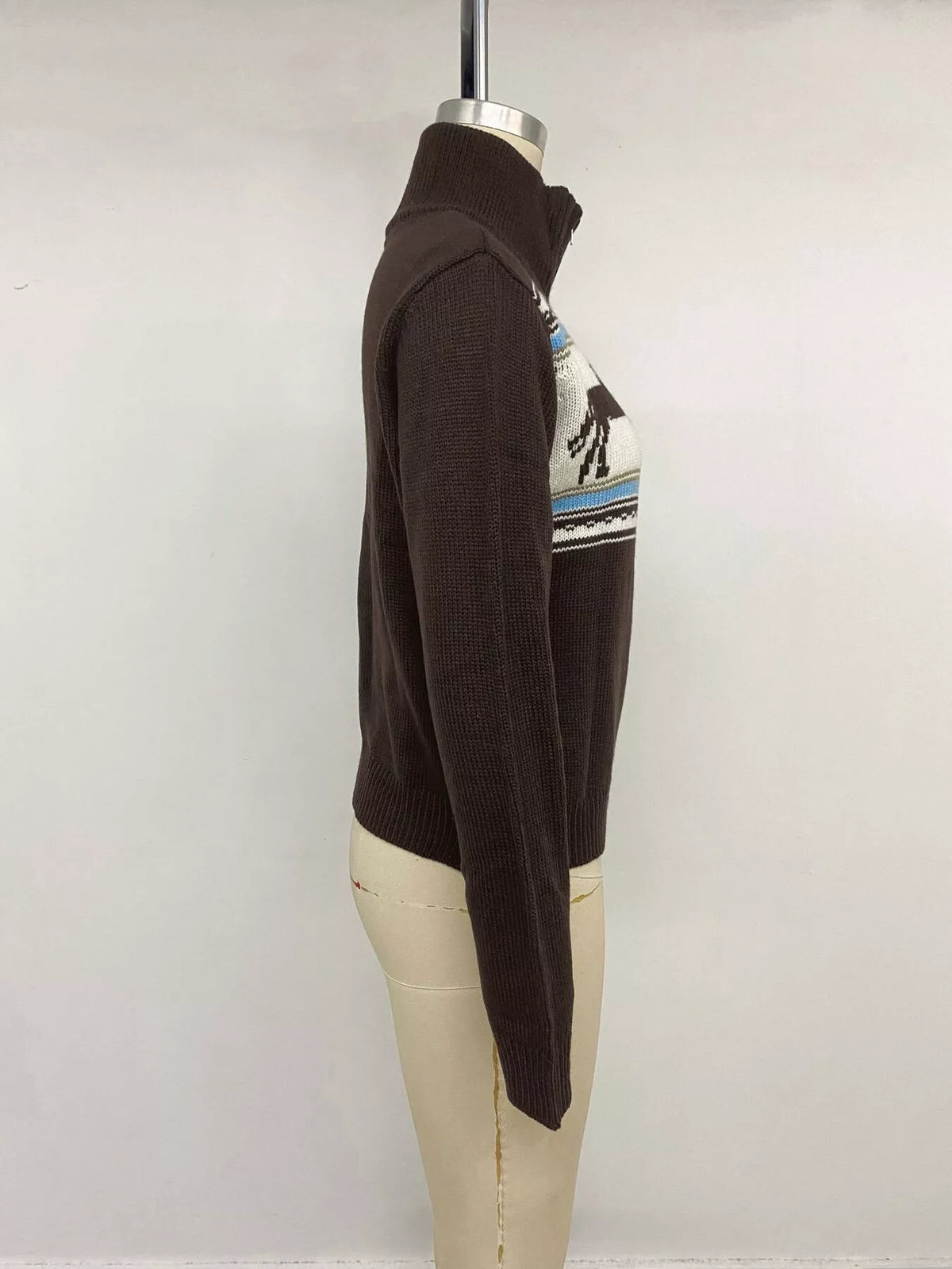 Brown horse zip-up cardigan, side on mannequin