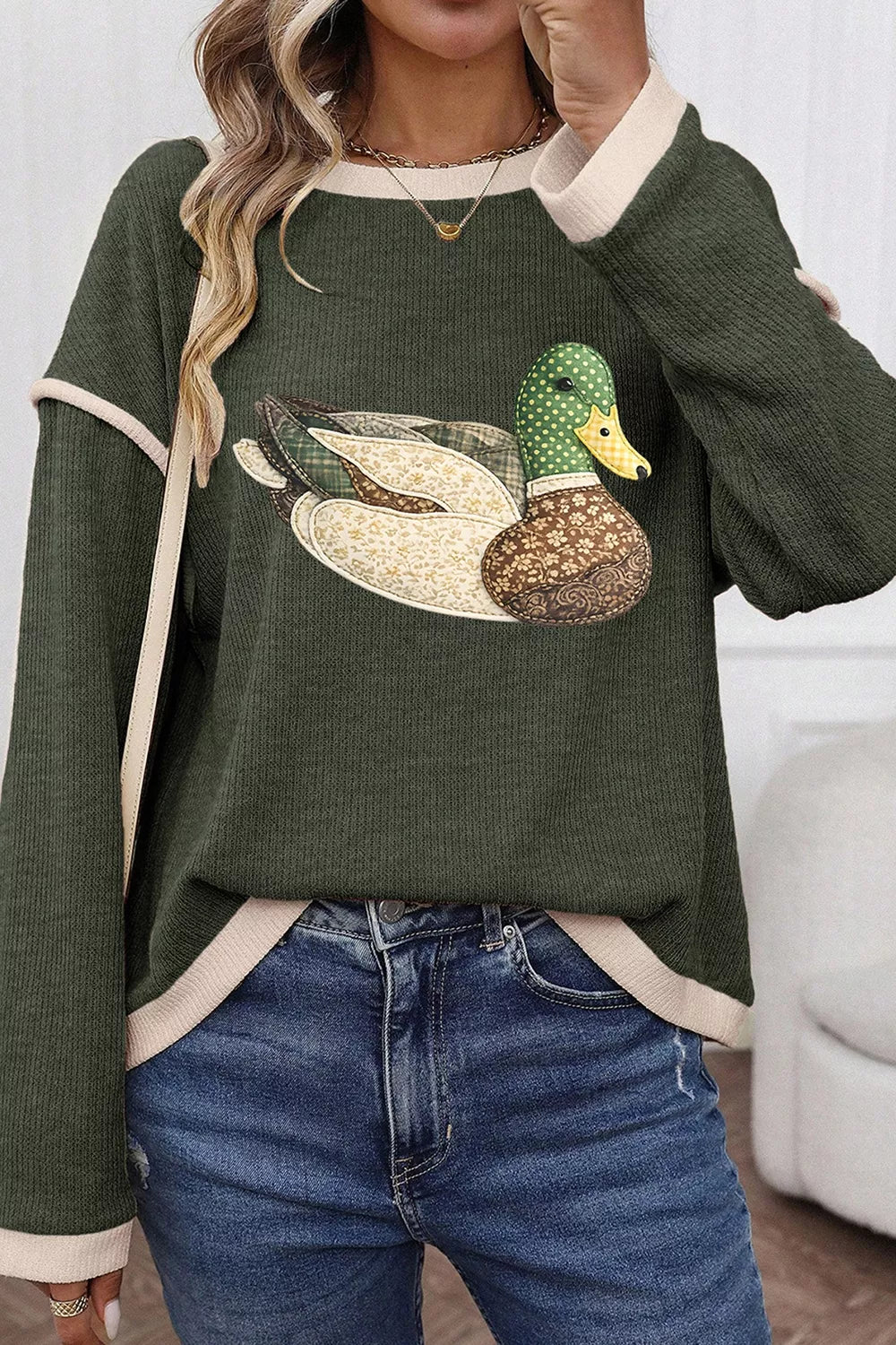 Trendsi Duck Graphic Contrast Trim Patchwork Casual Knit Top -