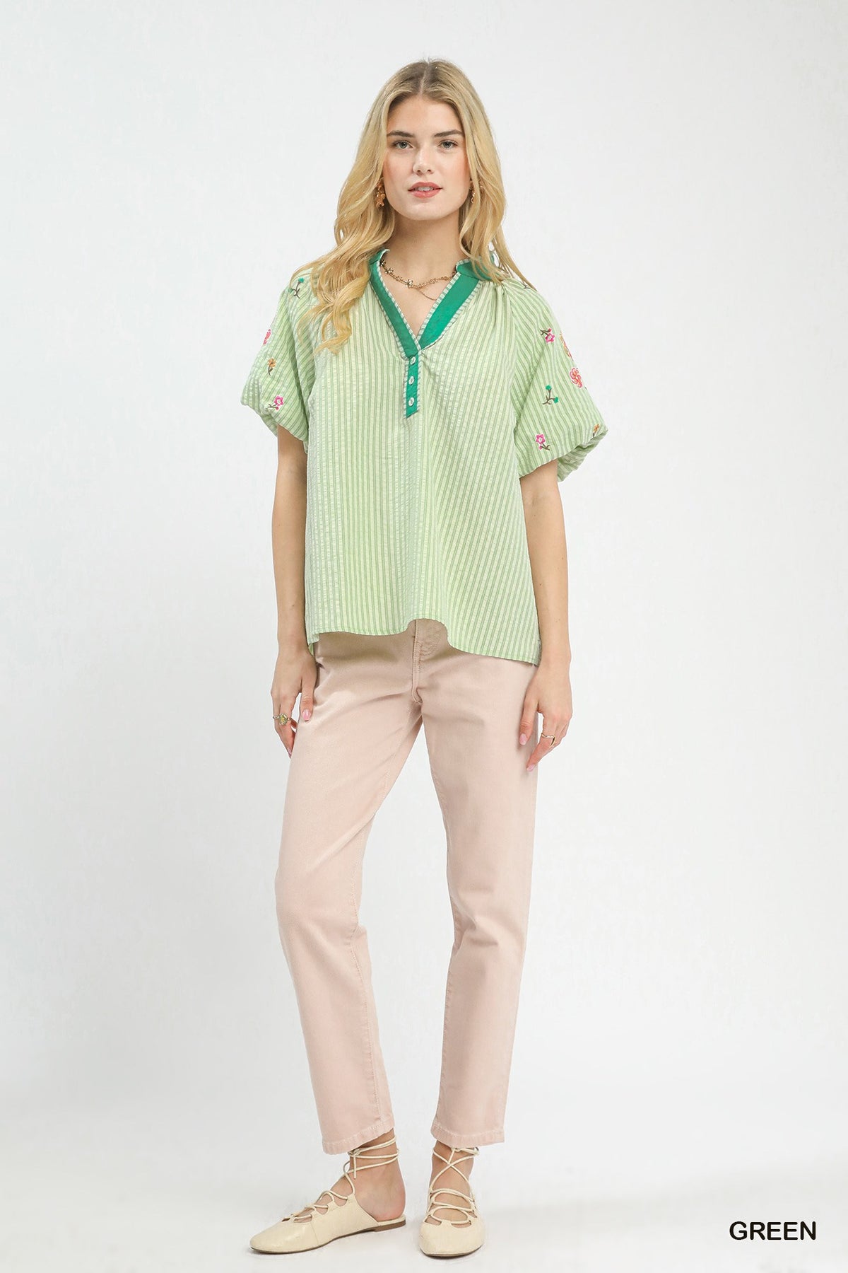 Women's Striped V-Neck Top With Floral Embroidery and Button Placket — product view 5