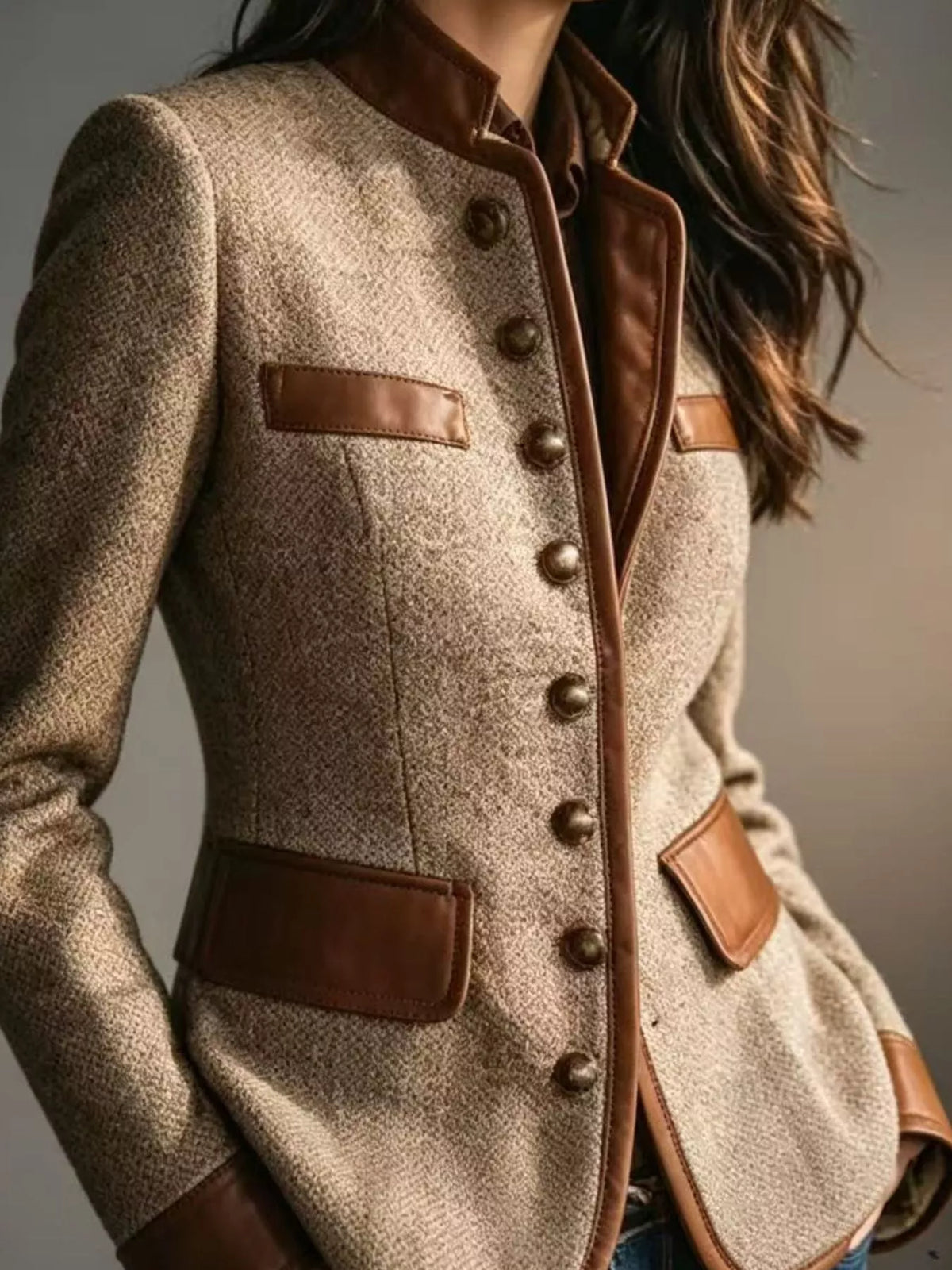 Contrast Trim Button-Front Tweed Jacket in brown, front view