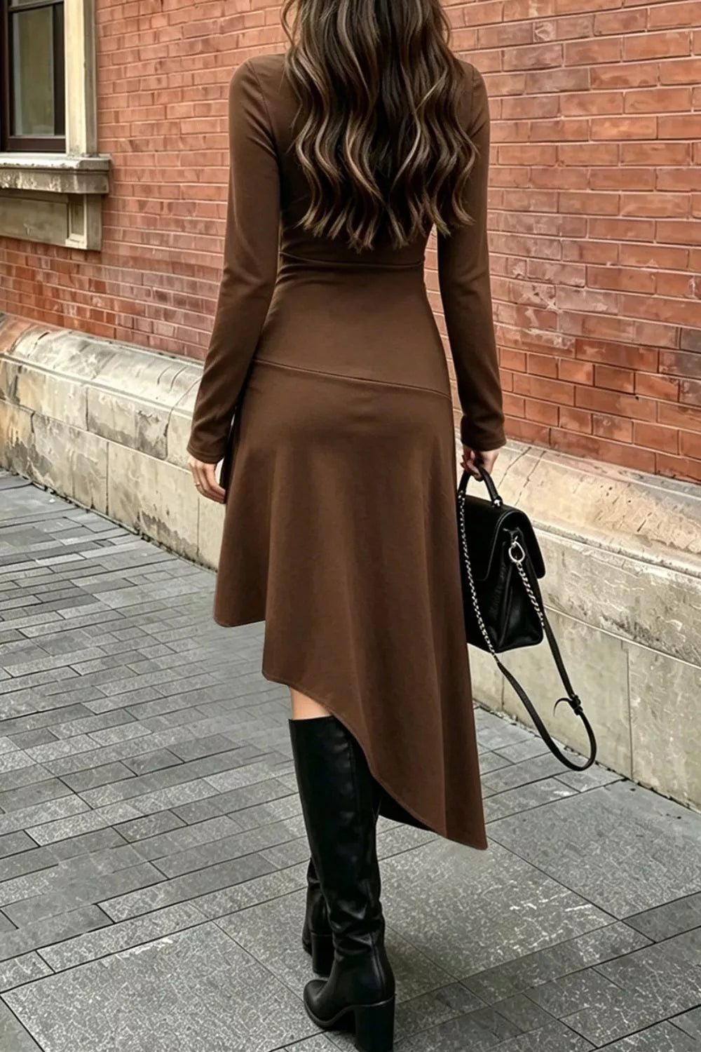 Trendsi Ruched Asymmetrical Hem Long Sleeve Dress -