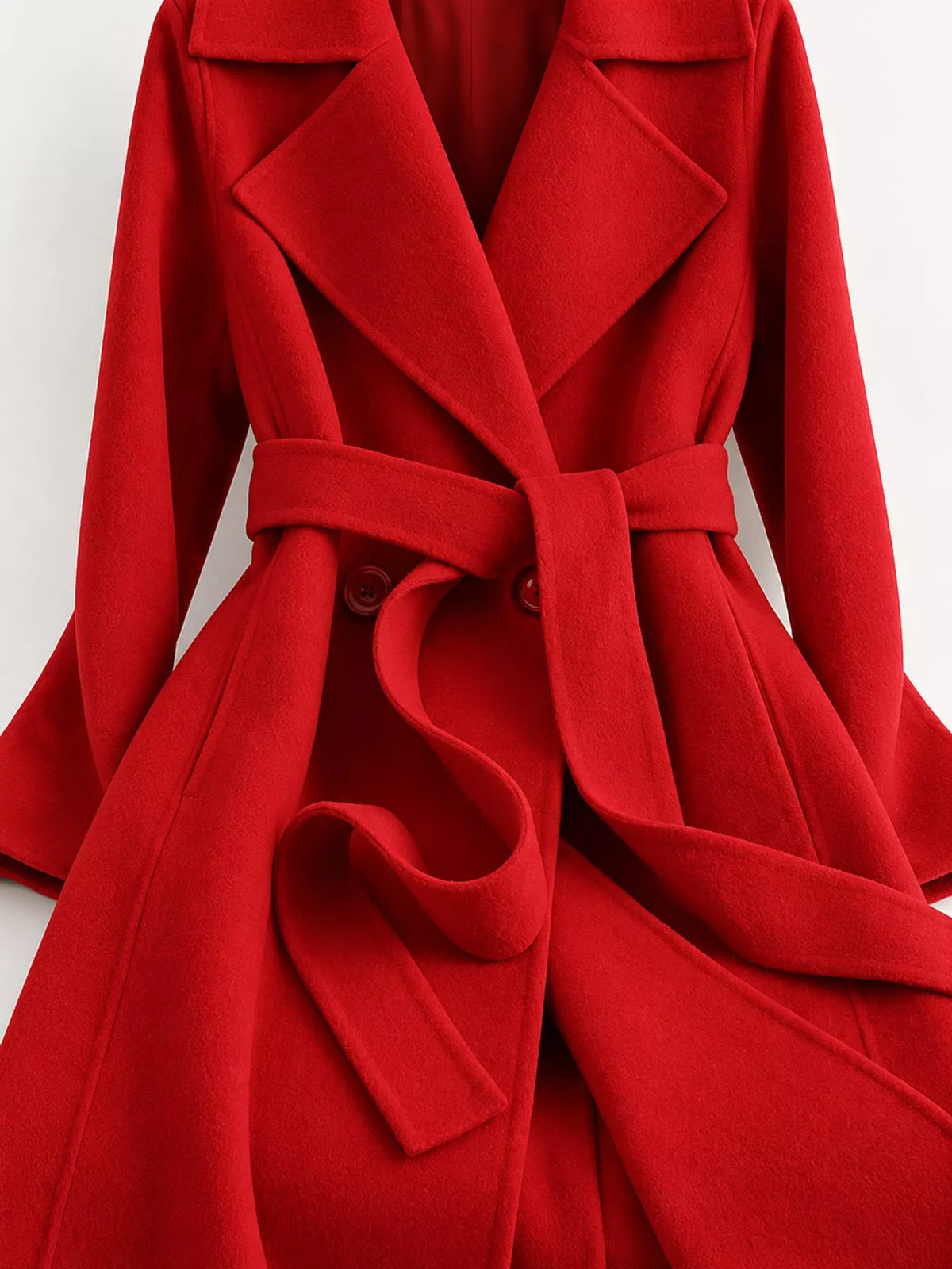 Red belted longline wool coat, notch lapels and tie belt