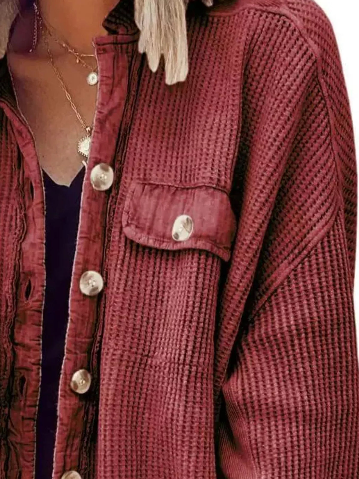 Trendsi Oversized Waffle Knit Button-Up Jacket -