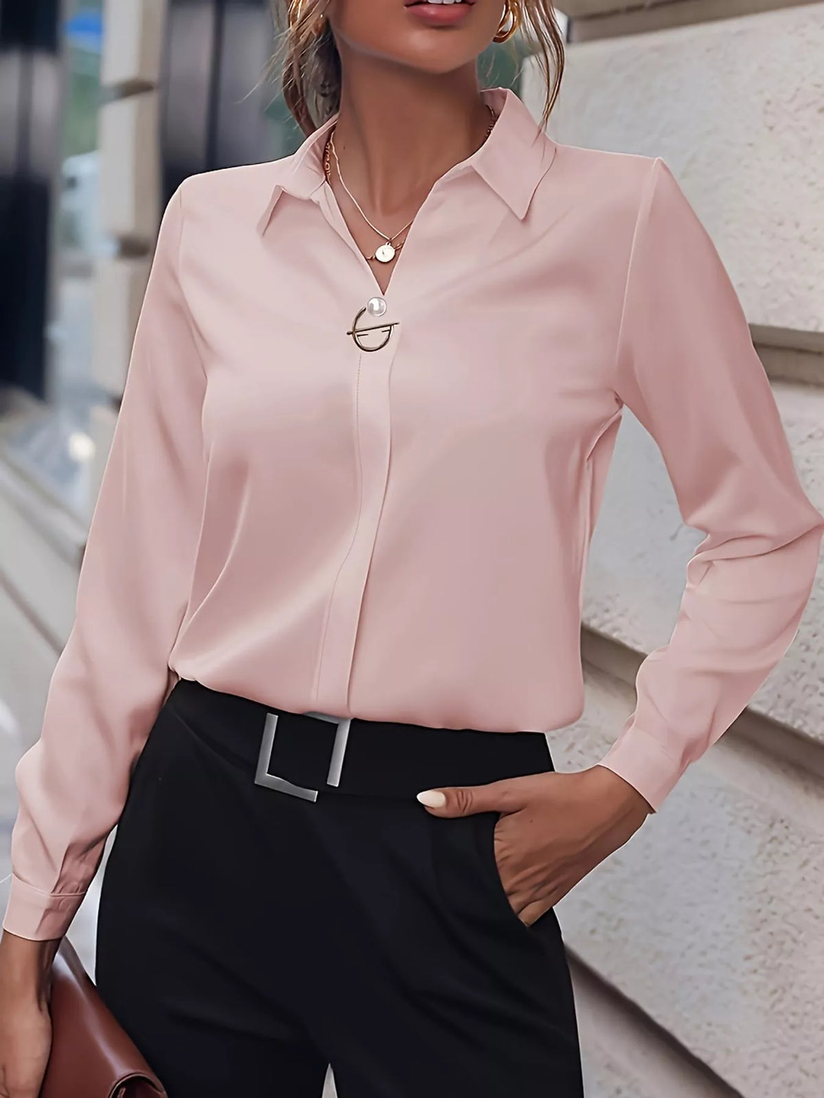Women's Collared Clasp Detail Long Sleeve Satin Blouse in pale pink — front view