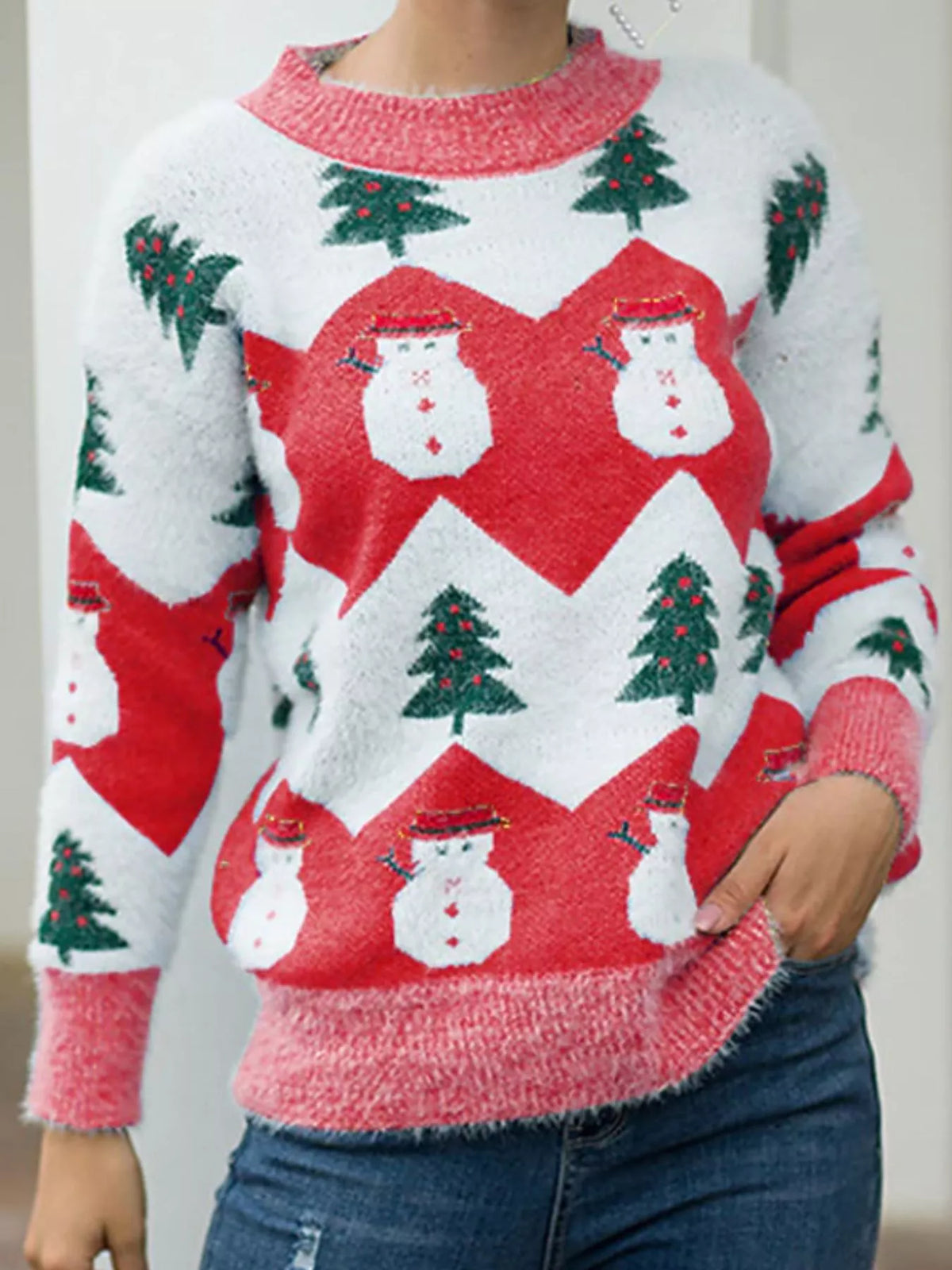 Women's Christmas Snowman Dropped Shoulder Sweater in Khaki, front view