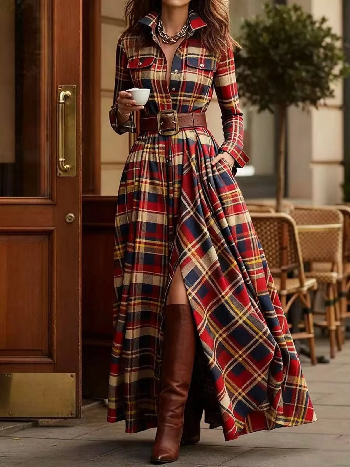 Vintage Plaid Button-Down Maxi Shirt Dress in red