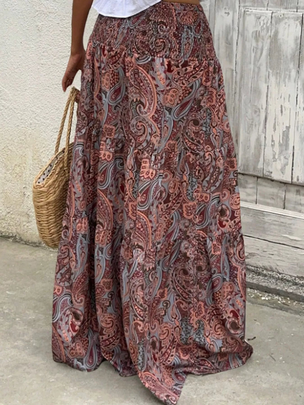 Women's Paisley Print Tiered Maxi Skirt in gray — side view