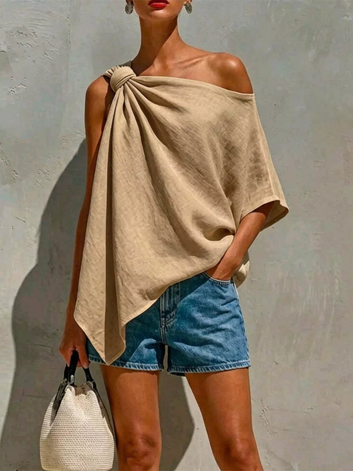 One-Shoulder Knot Detail Blouse in beige, front view