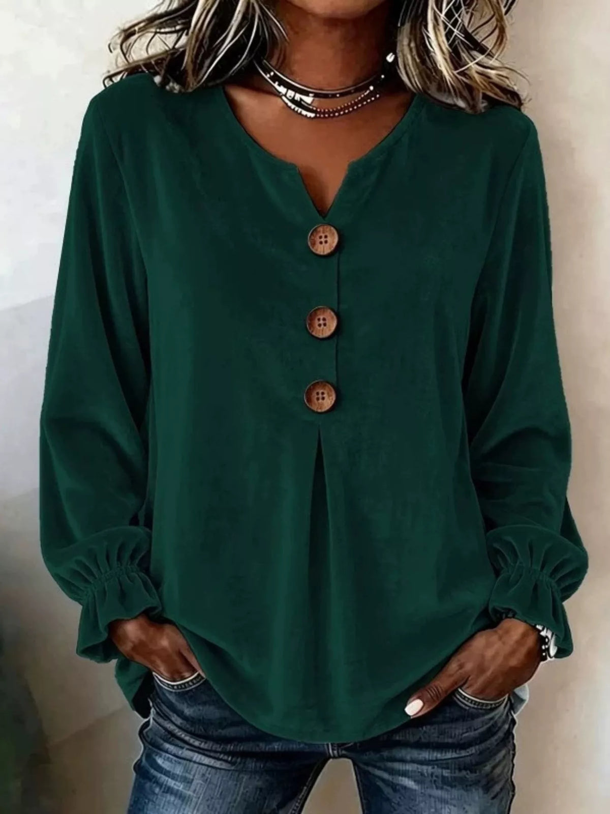 Green velvet balloon-sleeve blouse, front view