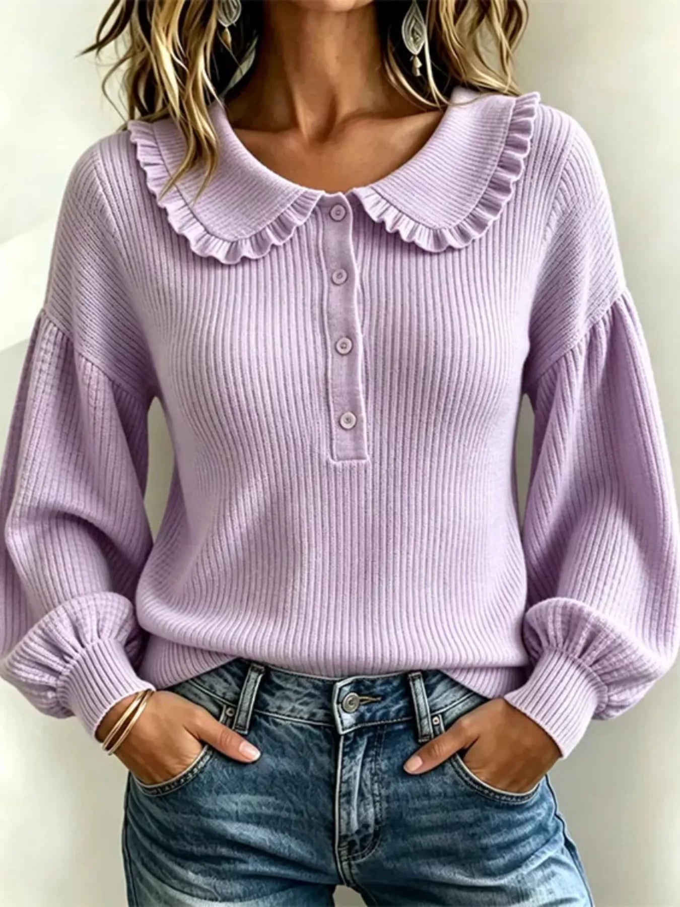 Trendsi Full Size Ruffle Collar Button Detail Sweater Plus Size -