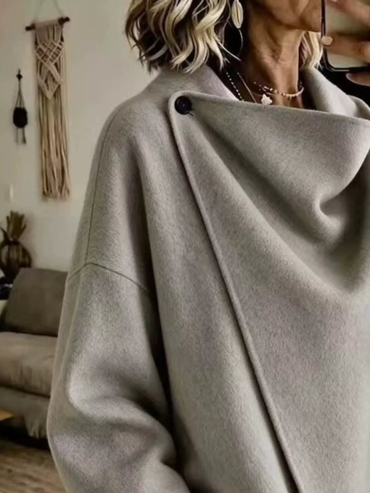 Gray asymmetric cowl neck cape-style jacket, cowl neckline and shoulder button