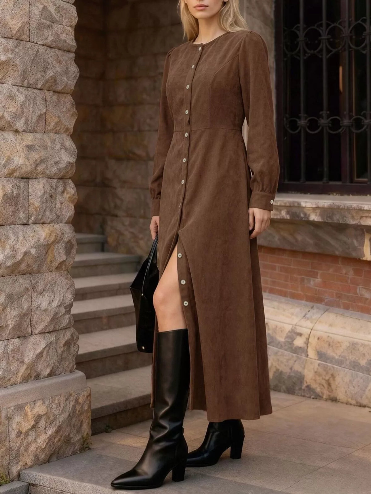 Brown corduroy button-down maxi dress, side view with front opening