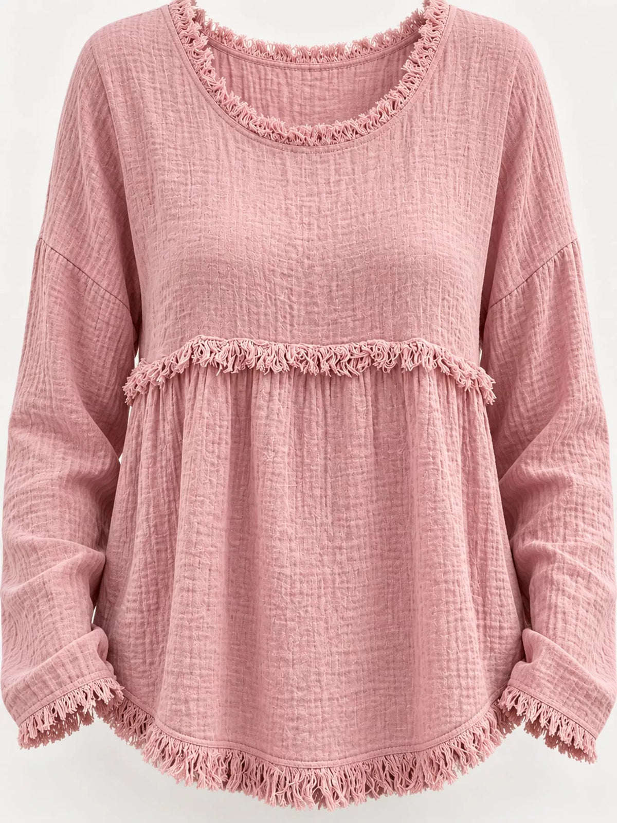 Pink frayed hem textured blouse, front view