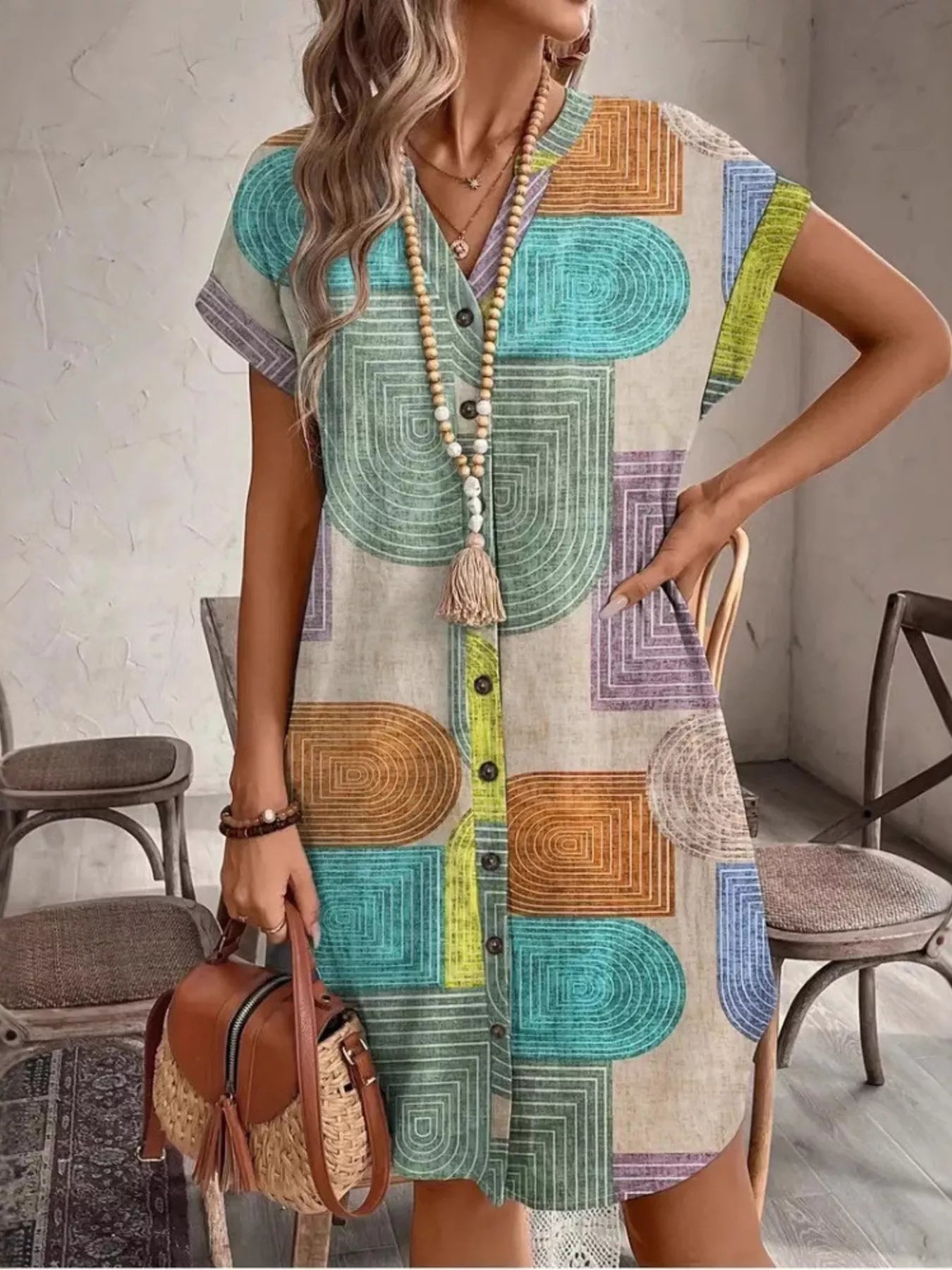 Trendsi Full Size Geometric Print Button-Down Shirt Dress Plus Size -