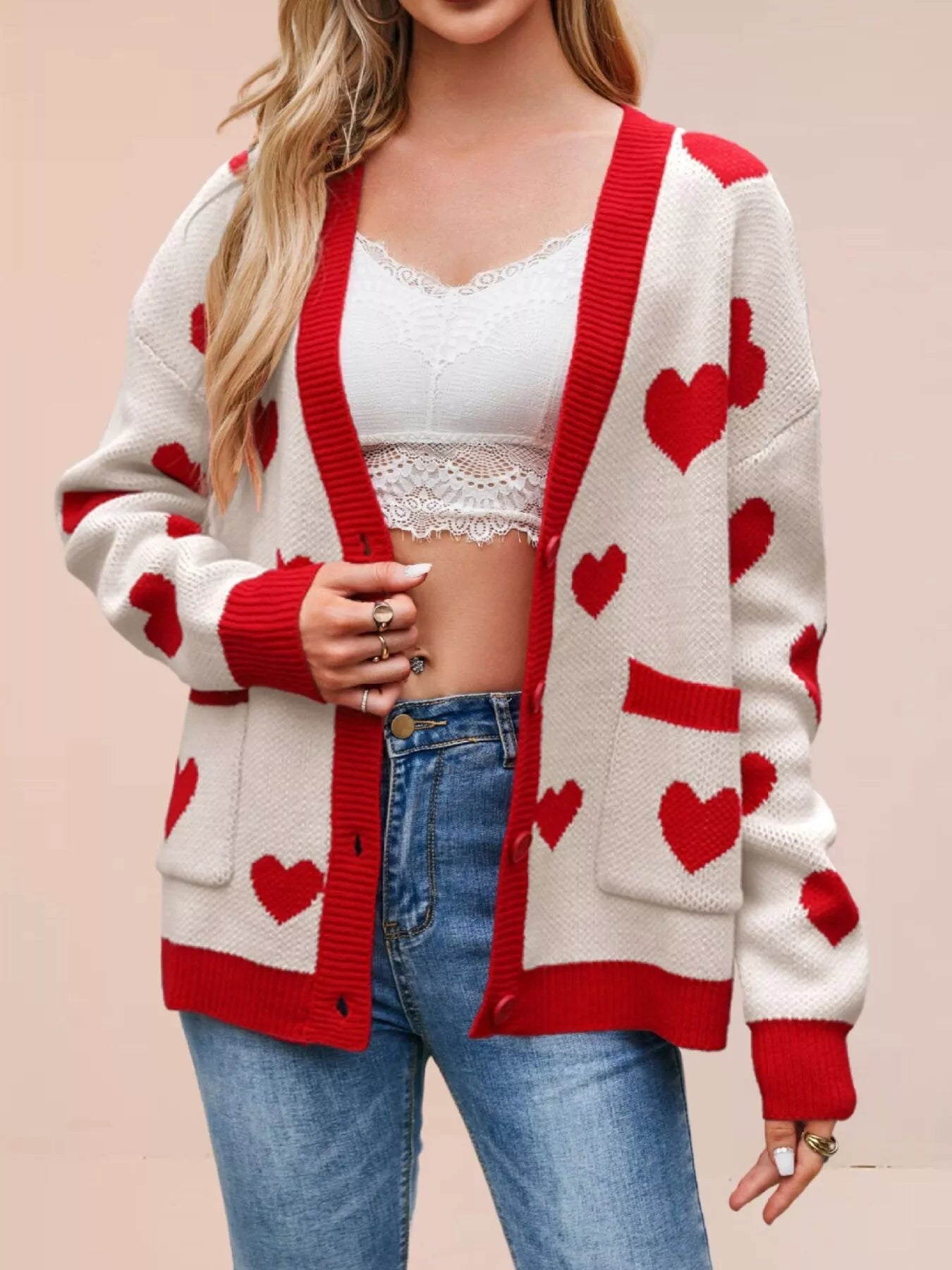 Trendsi Heart Pattern V-Neck Button-Down Knit Cardigan -