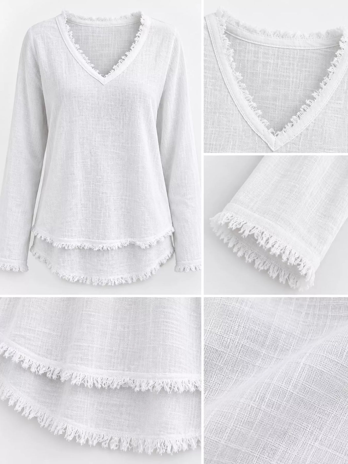Frayed V-neck blouse, white detail