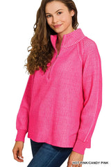 Trendsi Zenana Ribbed Two Tone Half Zip Sweater -