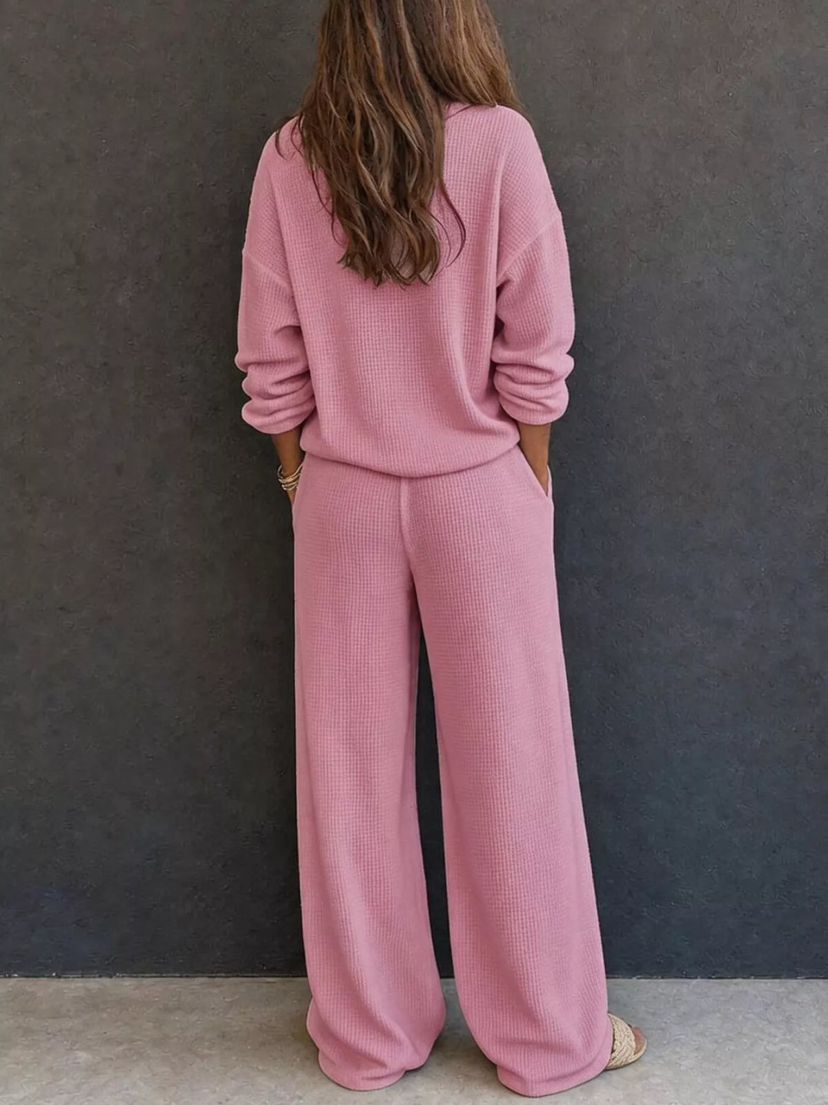 Women's Waffle Knit Button Detail Top and Pants Set in pink — back view