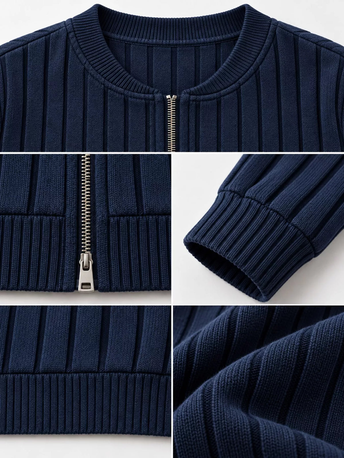 Ribbed Knit Zip-Up Bomber Jacket — construction details