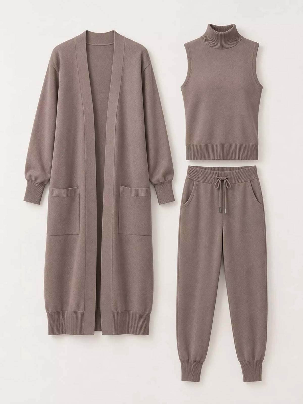 Sleeveless Top and Drawstring Joggers Sweater Set with Long Cardigan — garment front