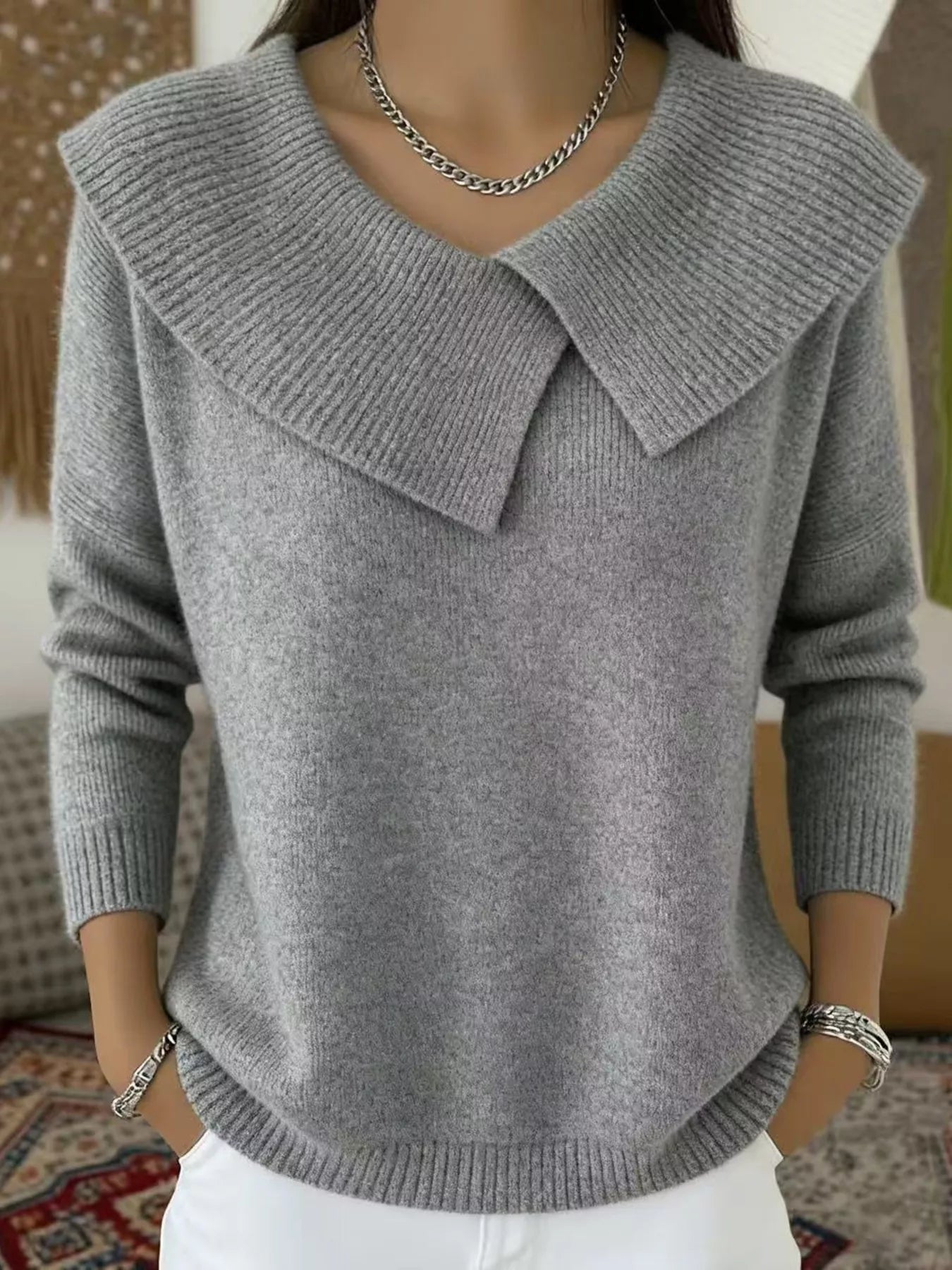 Trendsi Full Size Wide-Collar Ribbed Knit Sweater Plus Size -