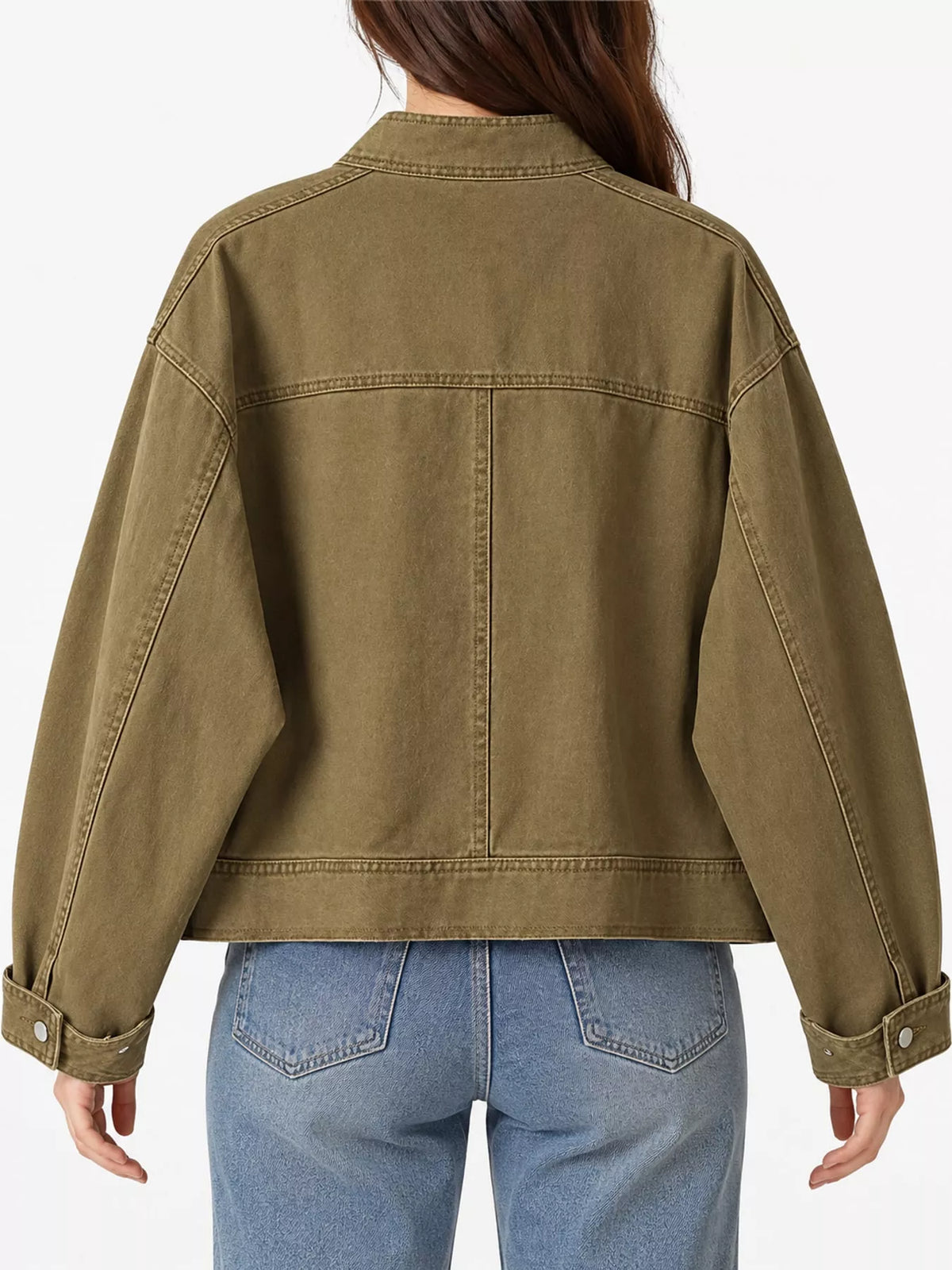 Women's Button Up Dropped Shoulder Denim Jacket in olive — back view