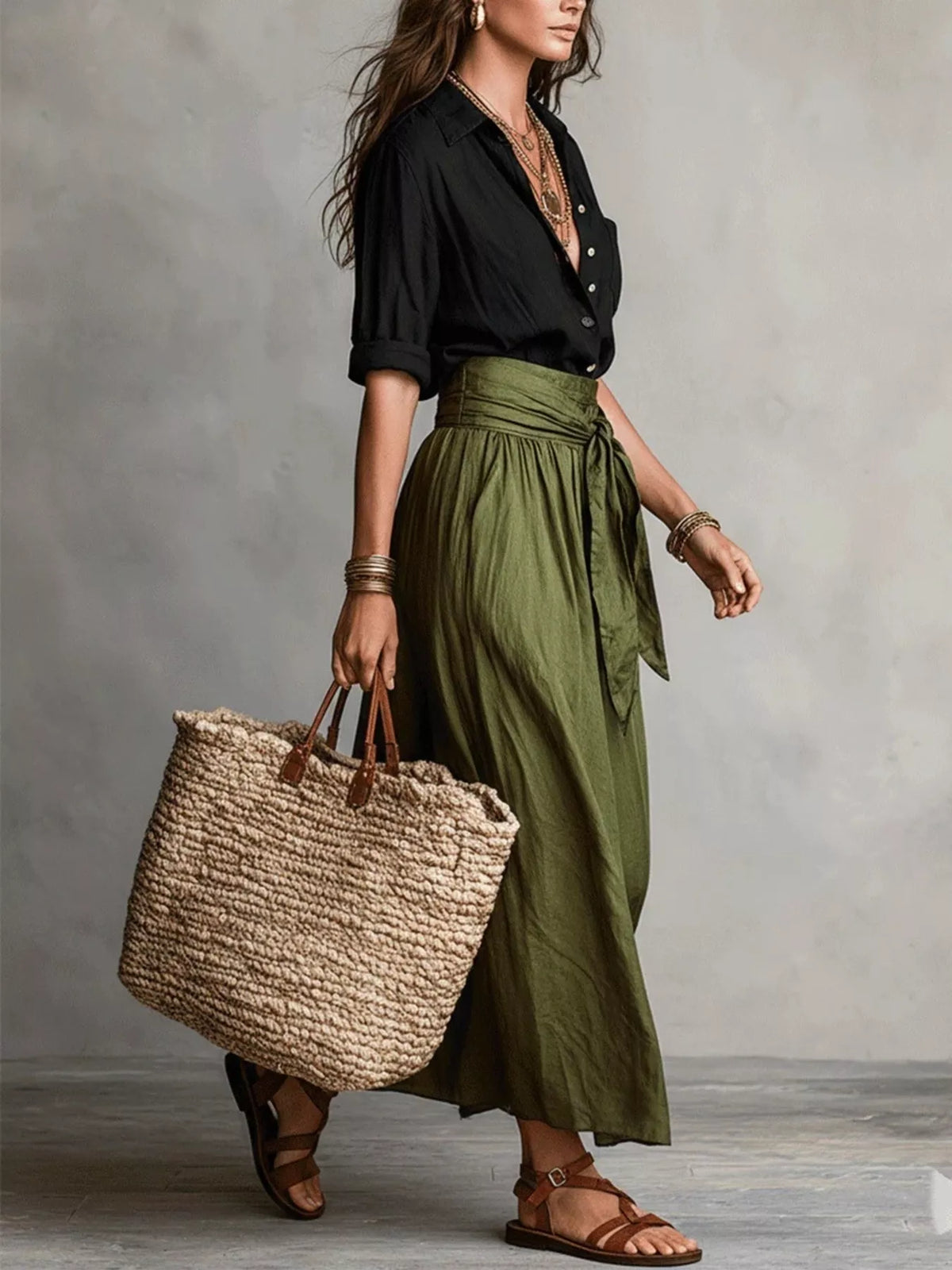 Black and olive green button-front shirt and skirt set, side view