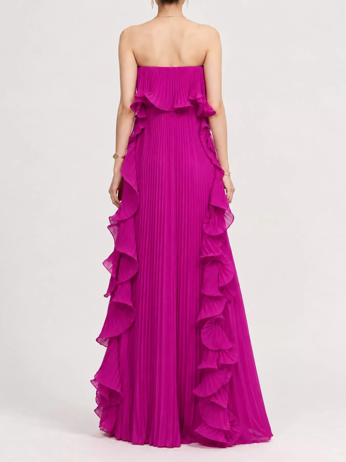 Ruffled Strapless Pleated Maxi Dress — back view