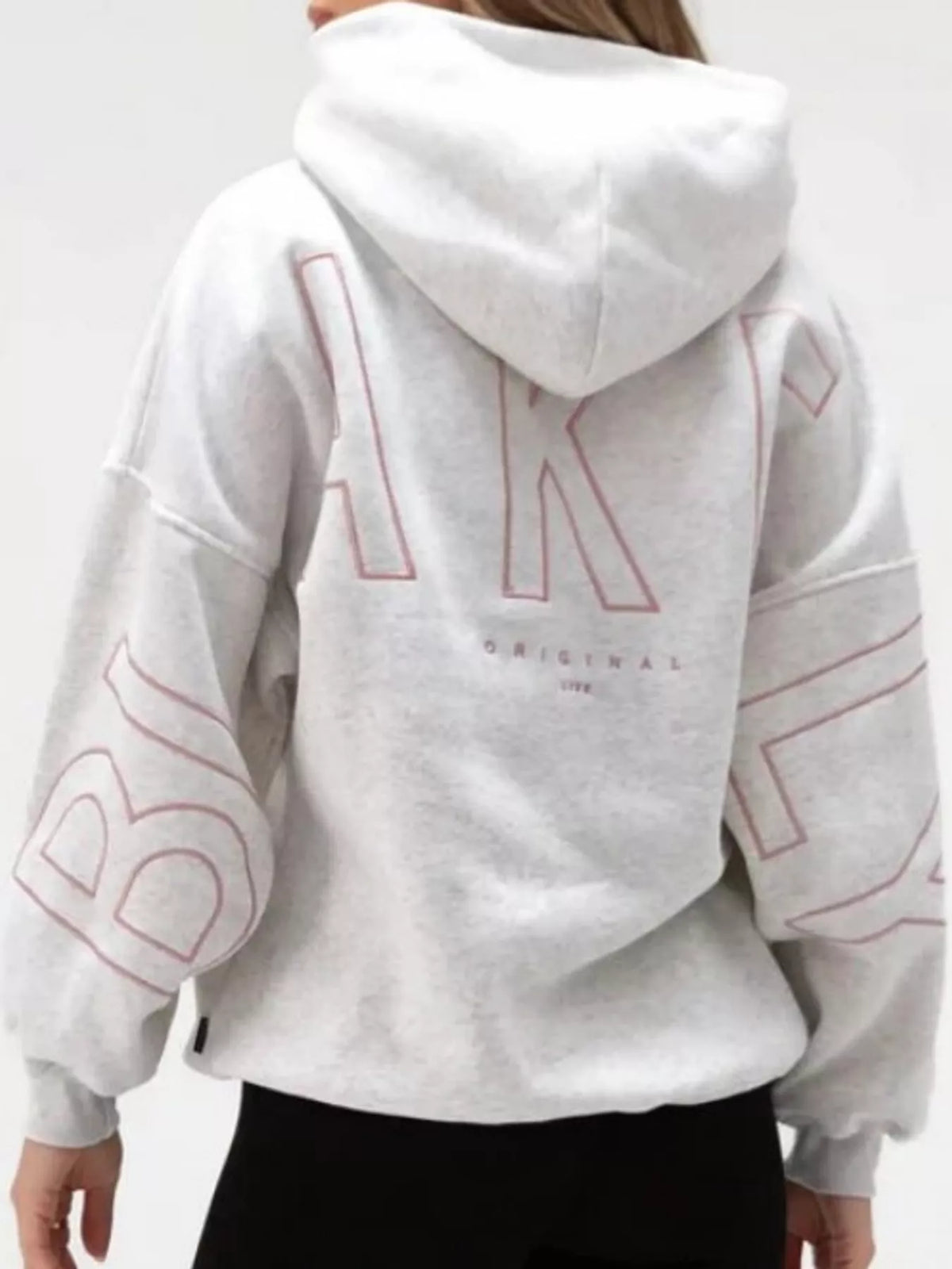 Light gray letter-print pullover hoodie with kangaroo pocket, back lettering view