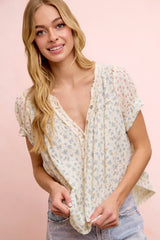 Trendsi BiBi Floral Crinkle Neckdrop Short Sleeve Blouse Top -