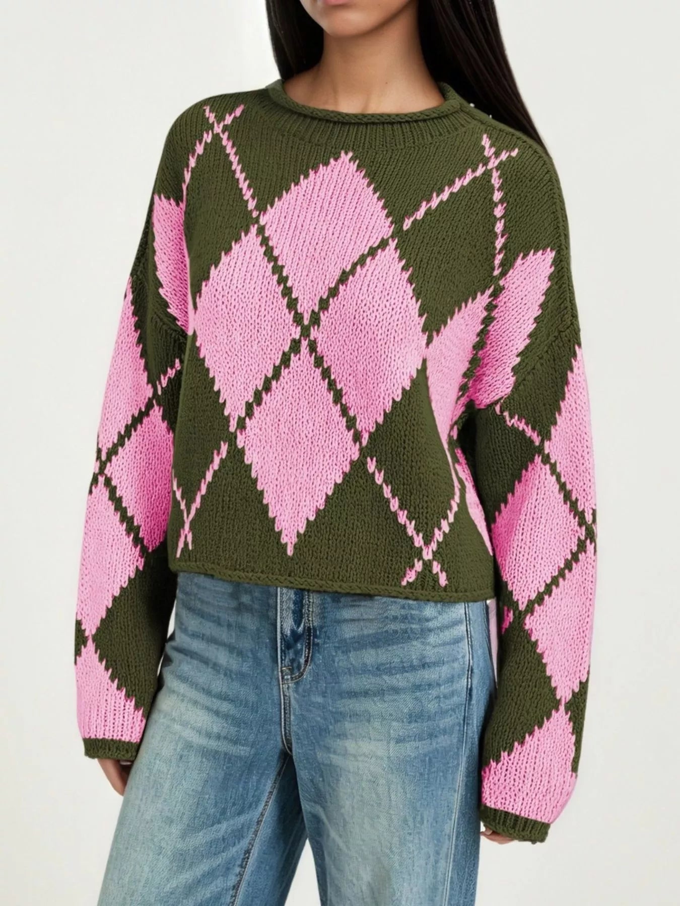 Trendsi Argyle Pattern Knit Dropped Shoulder Sweater -