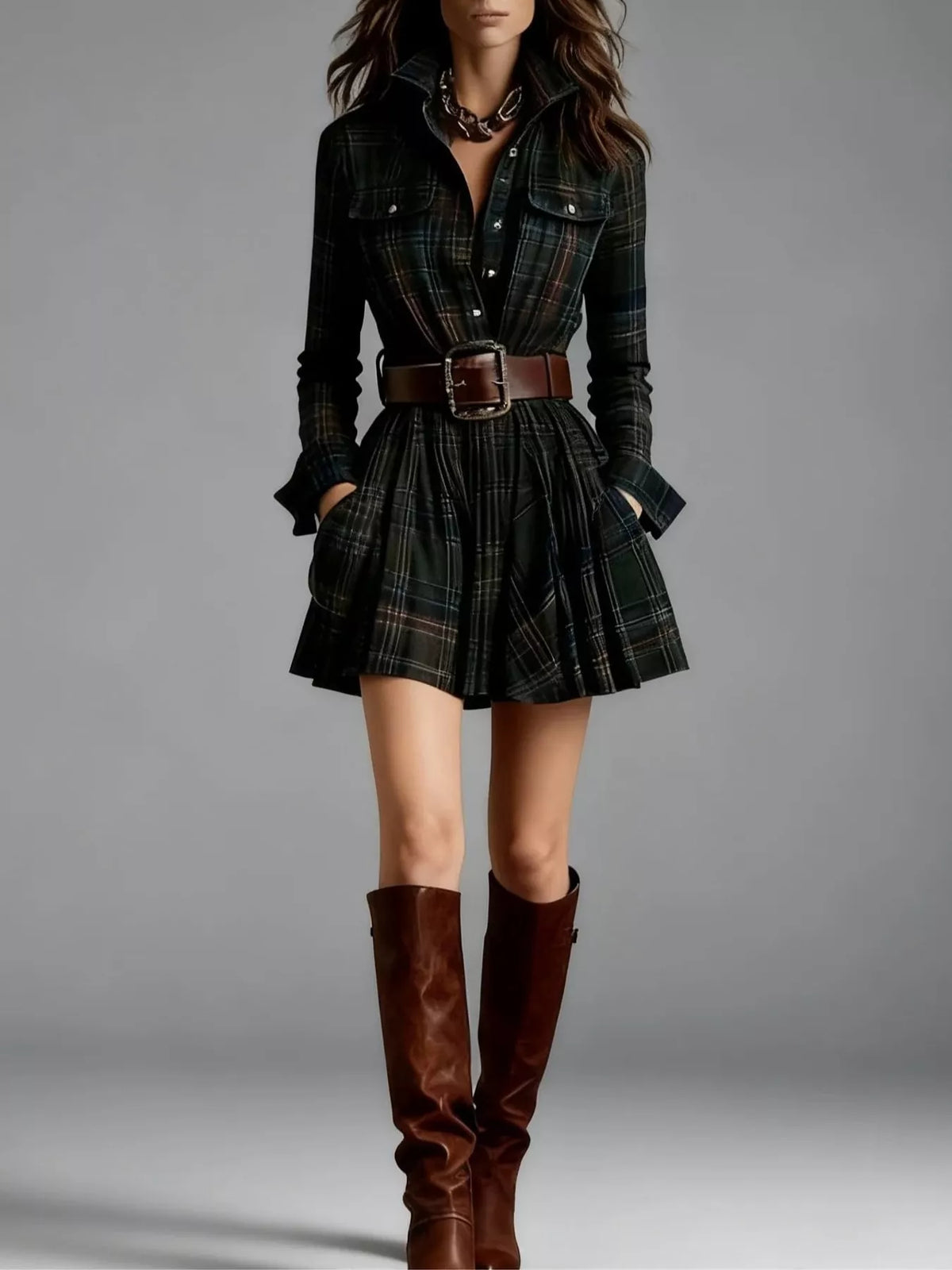 Green plaid shirt dress