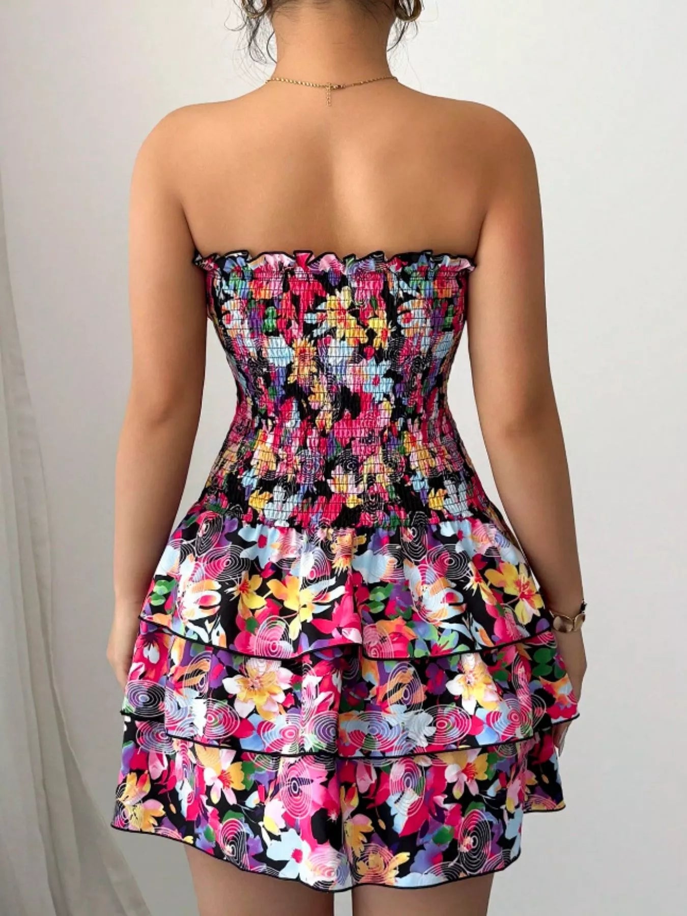 Trendsi Strapless Smocked Floral Tiered Mini Dress -
