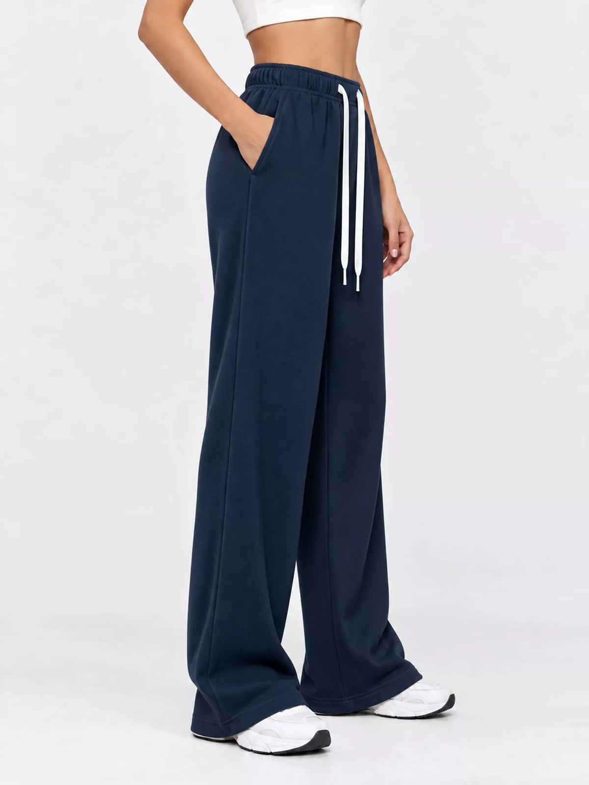 Navy wide-leg pants with drawstring