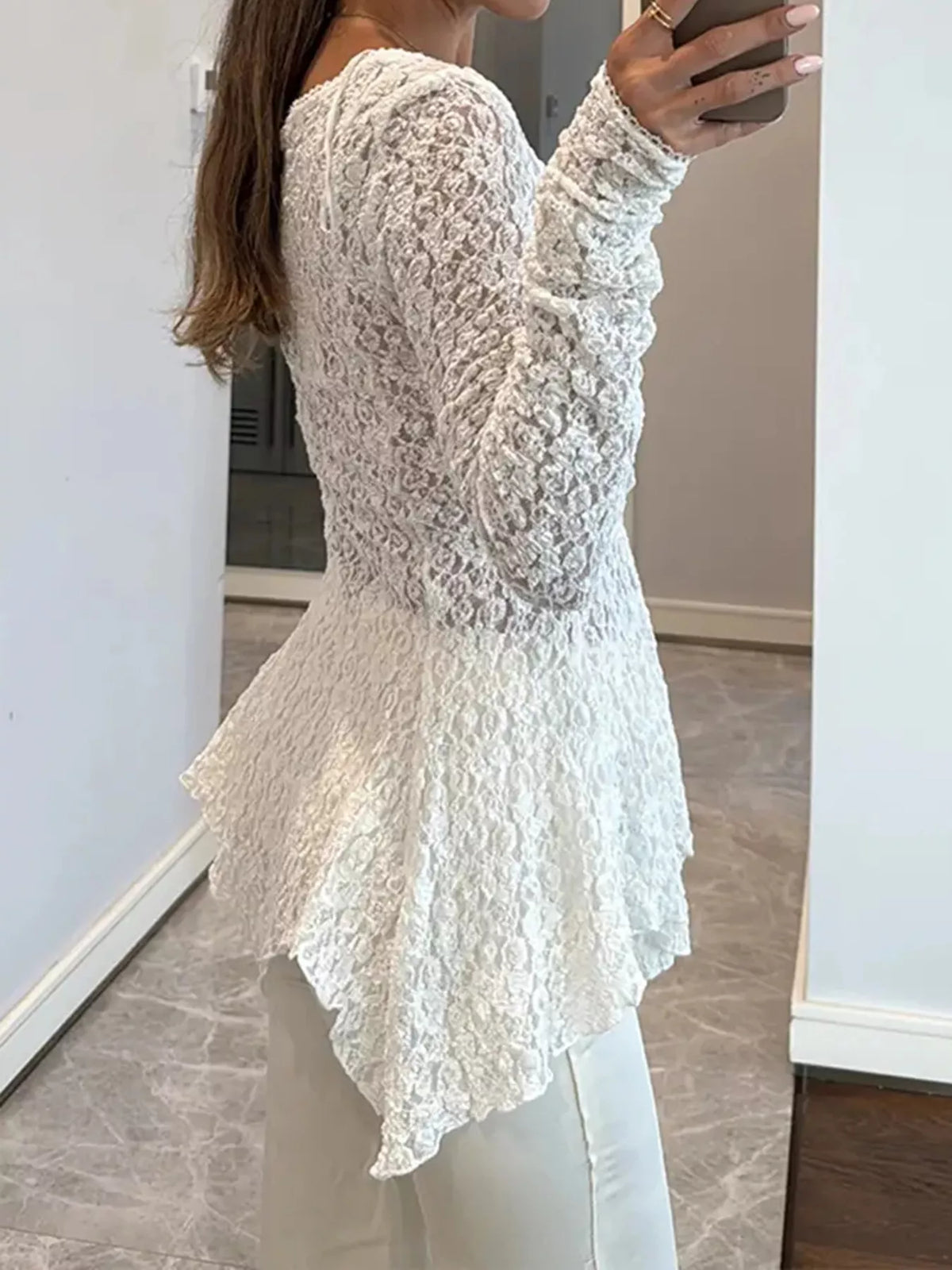 Floral Lace V-Neck Button-Down Peplum Blouse, side view