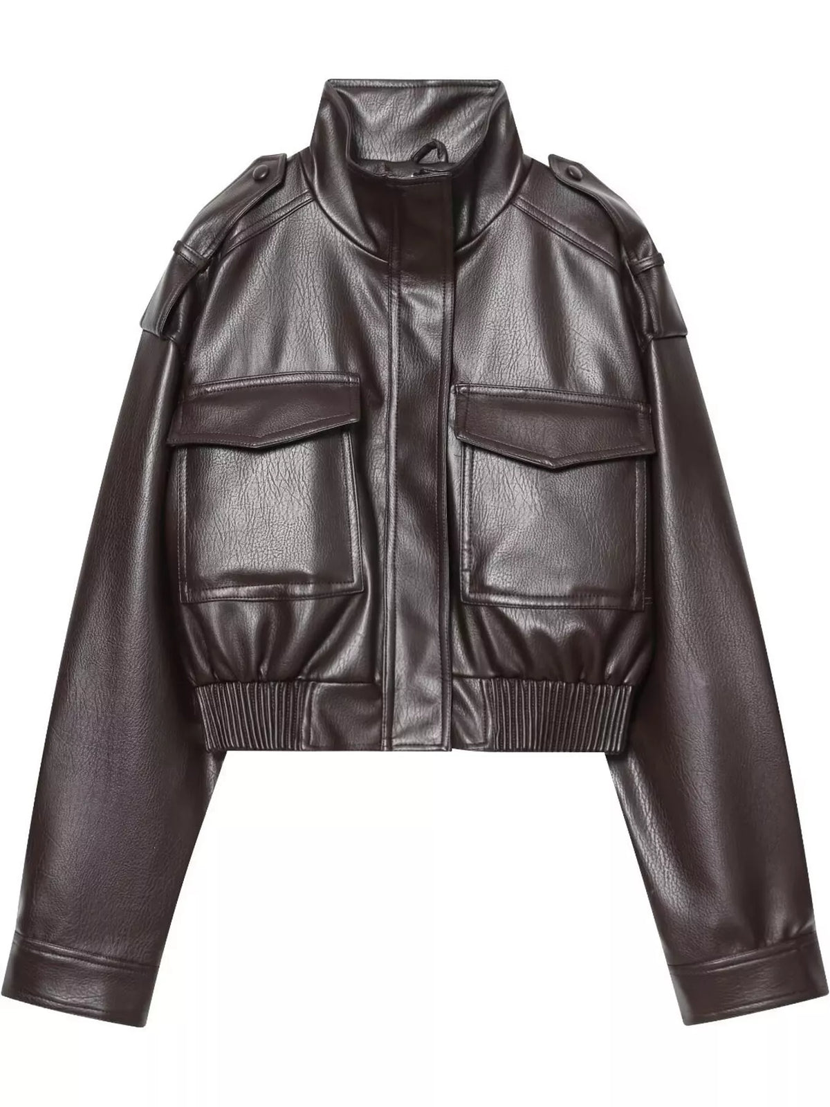Dark brown faux leather cropped bomber jacket — front view