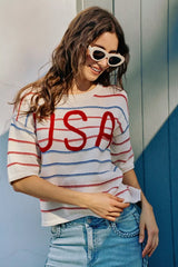 Trendsi SO ME Usa Stripe Knit Short Sleeves Sweater Top -