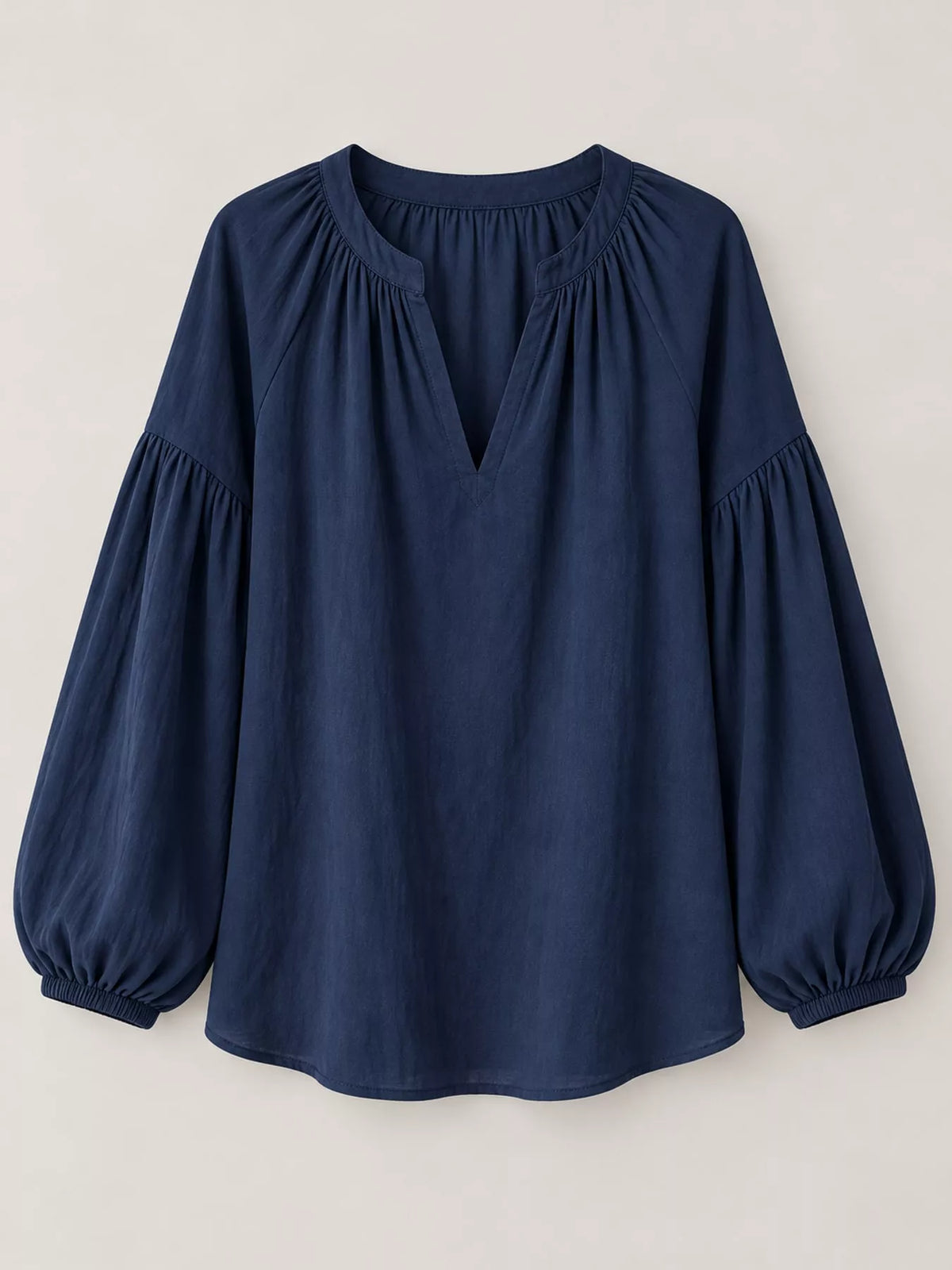 Notched Balloon Sleeve Blouse in navy, front view