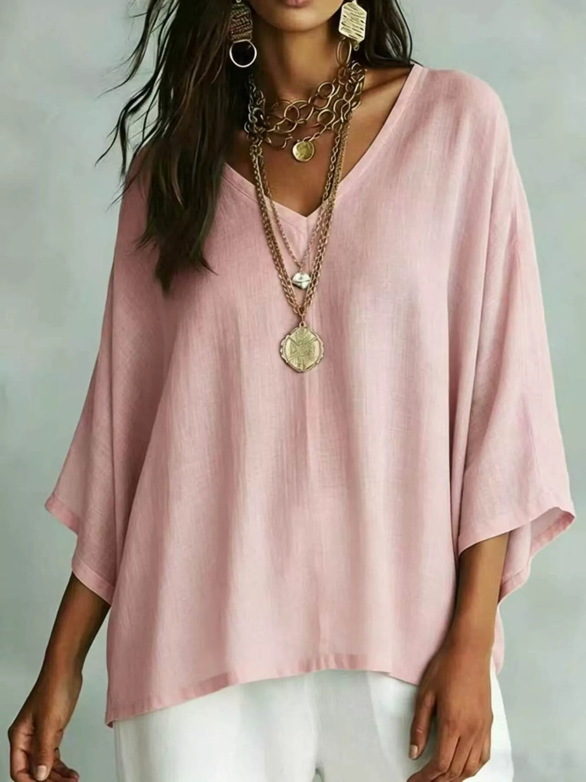 Pink V-Neck Loose Fit T-Shirt front view